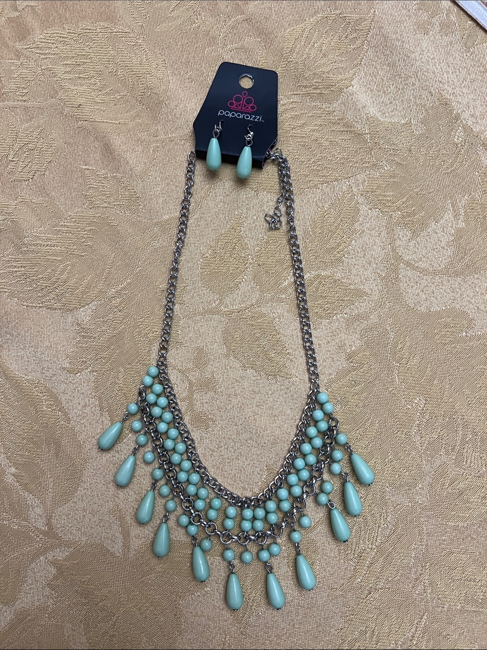 paparazzi Aqua Teardrop Layered Bib Necklace and Drop Earrings